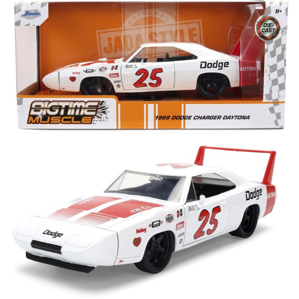 Big Time Muscle - 1:24 1969 Dodge Charger White with Red Stripes Die-Cast Car